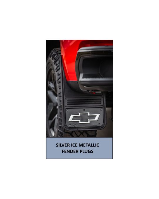Chevrolet Front And Rear Rubber Gatorback Mud Flaps No Drill Black With Silver Outlined Bowtie Logo And Silver Ice Metallic Fender Plugs