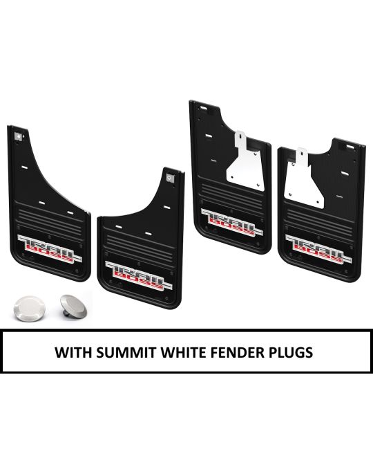 Chevrolet Front And Rear Rubber Gatorback Mud Flaps No Drill Black With Trail Boss Logo And Summit White Fender Plugs