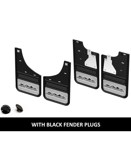 Chevrolet Front And Rear Rubber Gatorback Mud Flaps No Drill Black With Black High Country Logo And Black Fender Plugs