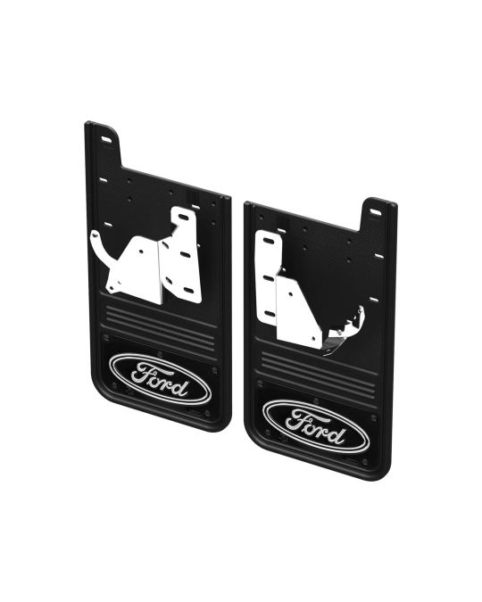 Ford Rear Gatorback Splash Guards With Black Ford Oval Logo On Black Stainless Steel Surround